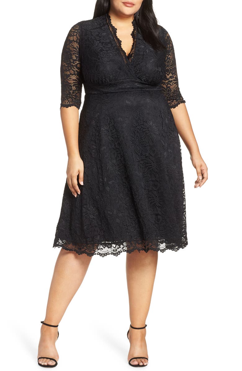 Kiyonna Mademoiselle Lace A-Line Dress, Alternate, color, Onyx