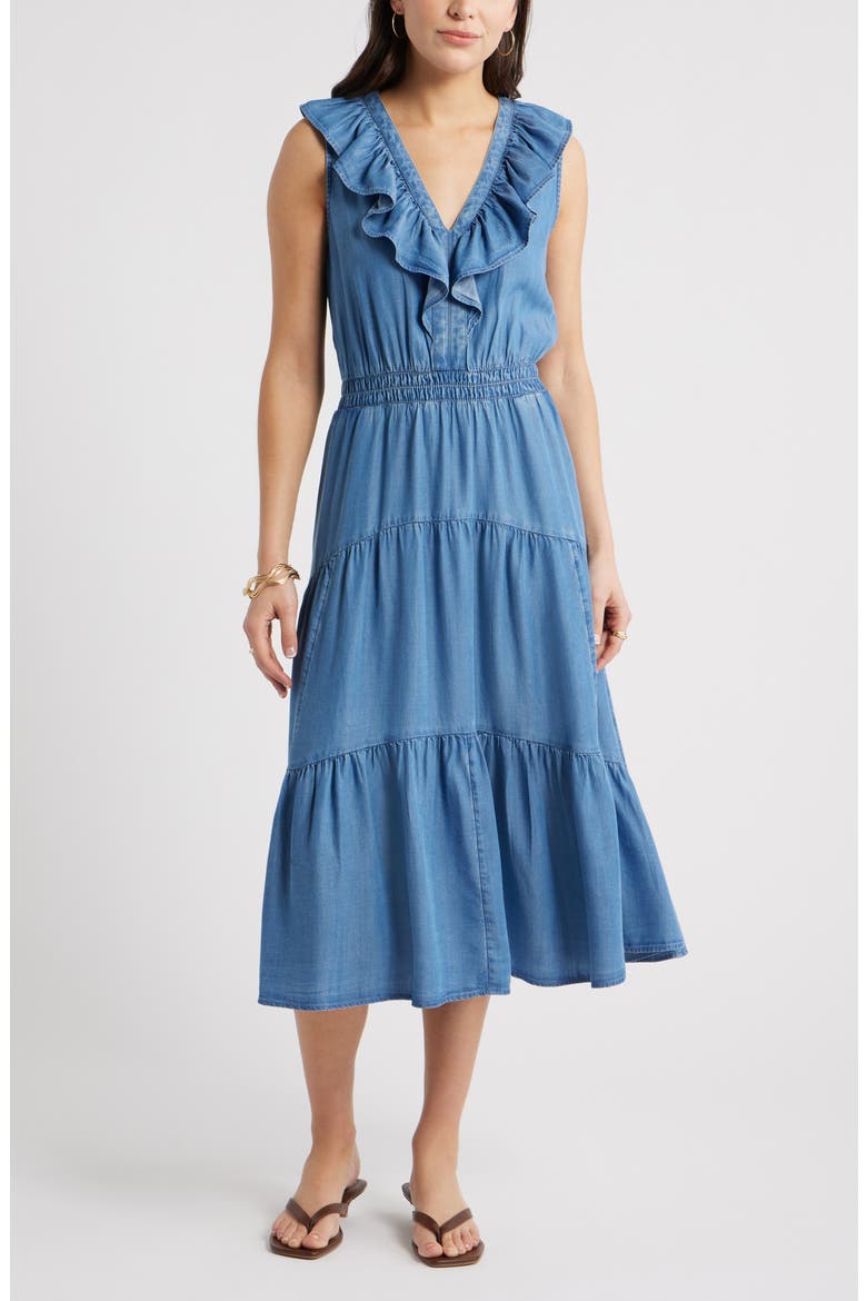 Ruffle Sleeveless Chambray Maxi Dress, Main, color, MEDIUM WASH