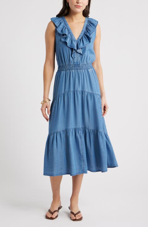 Ruffle Sleeveless Chambray Maxi Dress