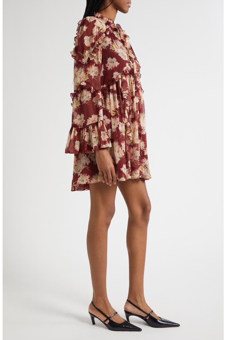 Mae Floral Print Ruffle Long Sleeve Chiffon Minidress, Alternate, color, WINEBERRY MULTI