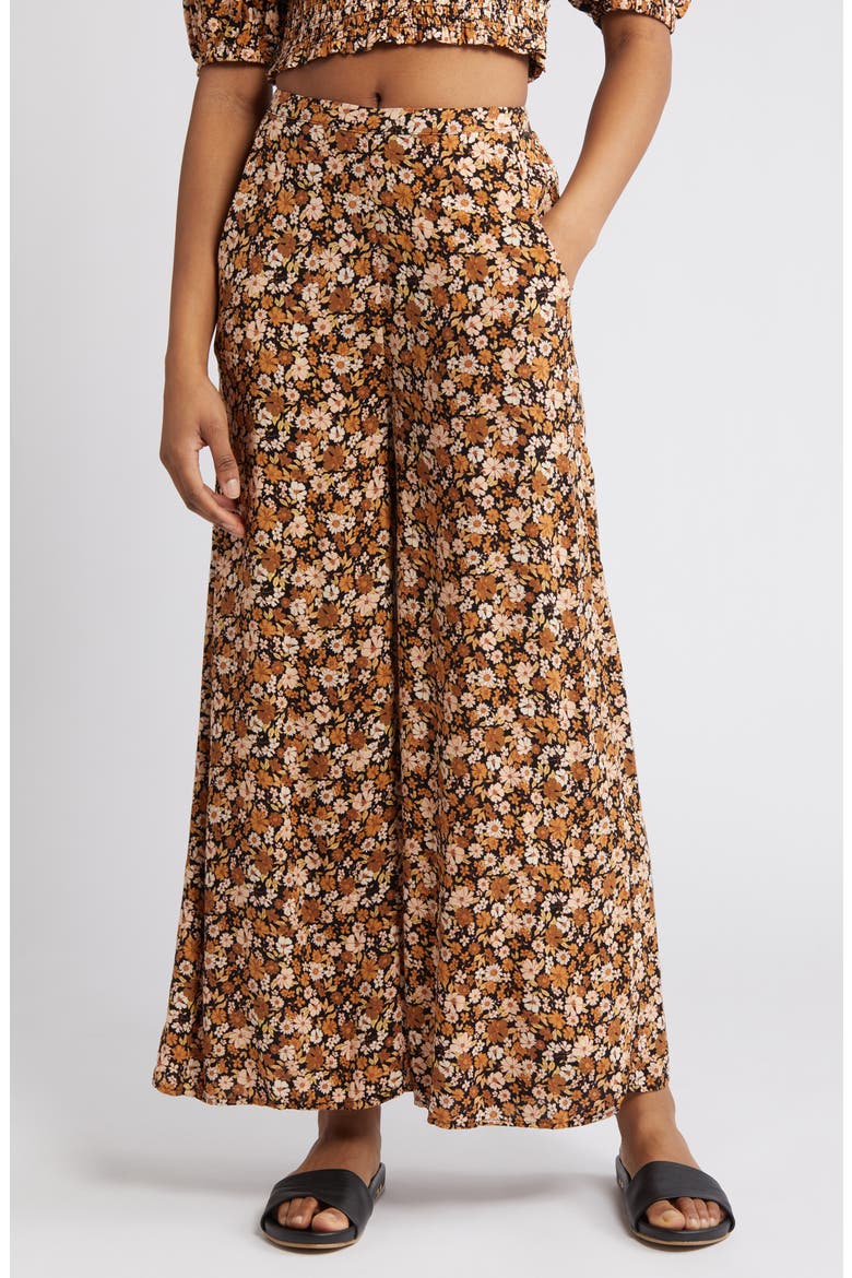 Sea of Dreams Floral Print Wide Leg Pants, Main, color, BROWN