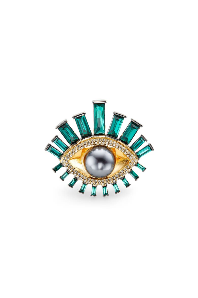Imitation Pearl & Crystal Evil Eye Cocktail Ring, Alternate, color, GREEN