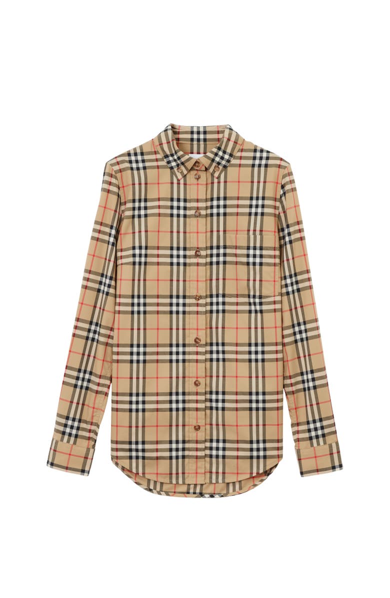 Burberry Check Stretch Cotton Shirt, Alternate, color, Archive Beige