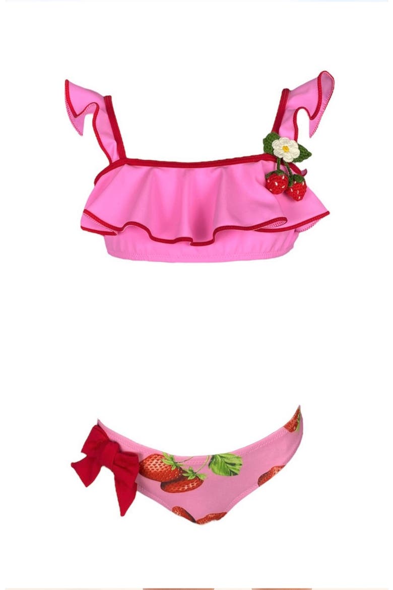 Kids' Ruffle Hand-Crochet 3D Strawberry Detail Two-Piece Swimsuit, Main, color, Pink