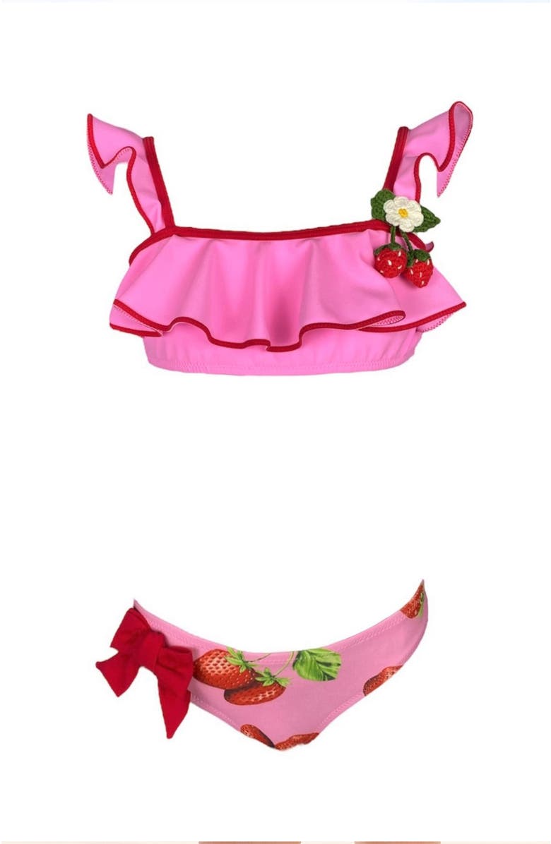 NESSI BYRD Kids' Ruffle Hand-Crochet 3D Strawberry Detail Two-Piece Swimsuit, Main, color, Pink