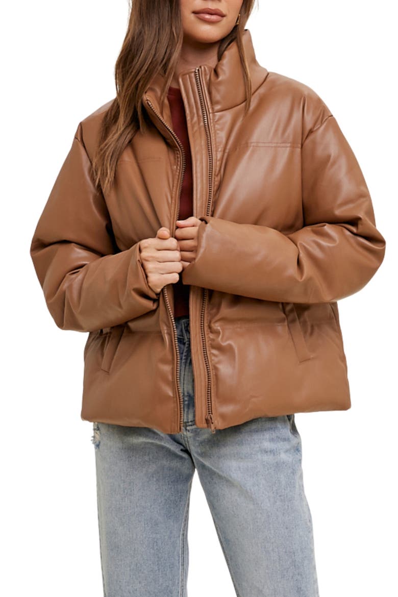 Faux Leather Puffer Jacket, Main, color, MOCHA