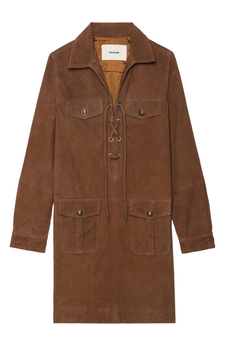 Zadig & Voltaire Remacha Long Sleeve Suede Shirtdress, Alternate, color, Cognac