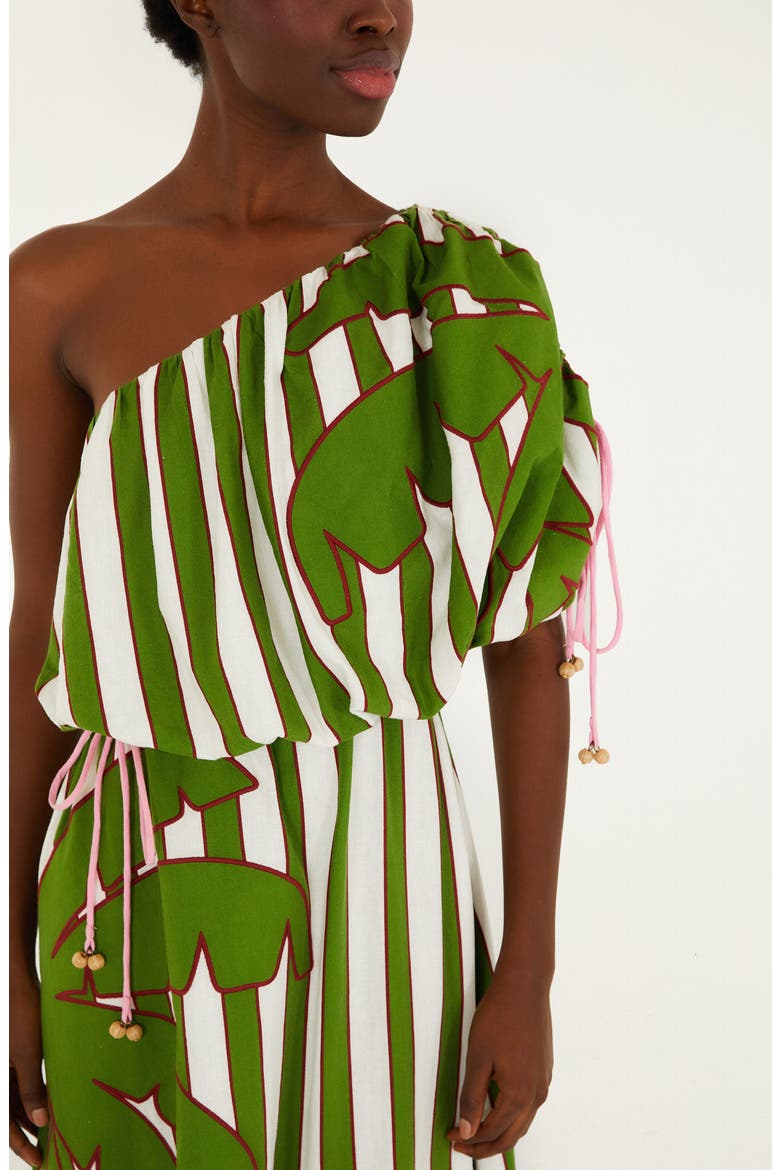 Embroidered One-Shoulder Linen Blend Midi Dress, Alternate, color, OFF-WHITE
