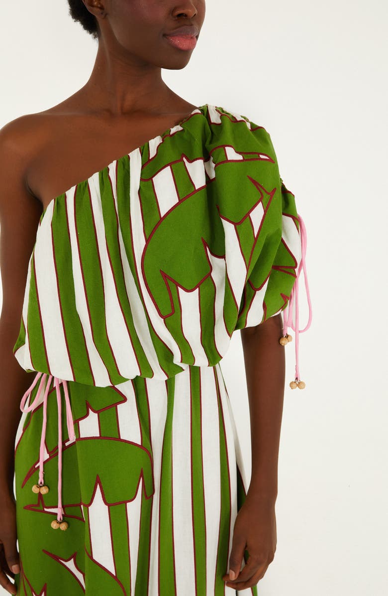 FARM Rio Embroidered One-Shoulder Linen Blend Midi Dress, Alternate, color, Off-White