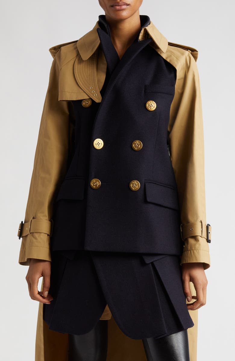Sacai Wool Melton & Gabardine Trench Peacoat | Nordstrom