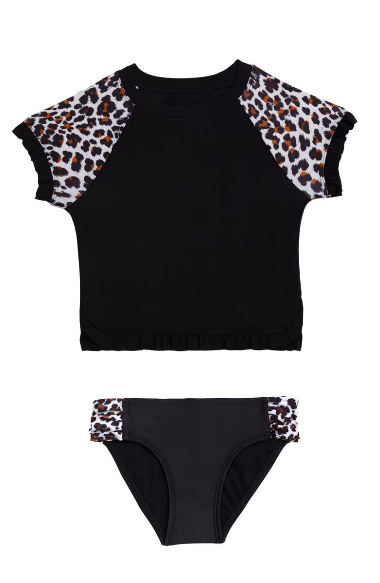 Aqua Green Toddlers Shortsleeve Ruffle Rashguard 2-Piece Swimwear Set, Main, color, Charming Leopard
