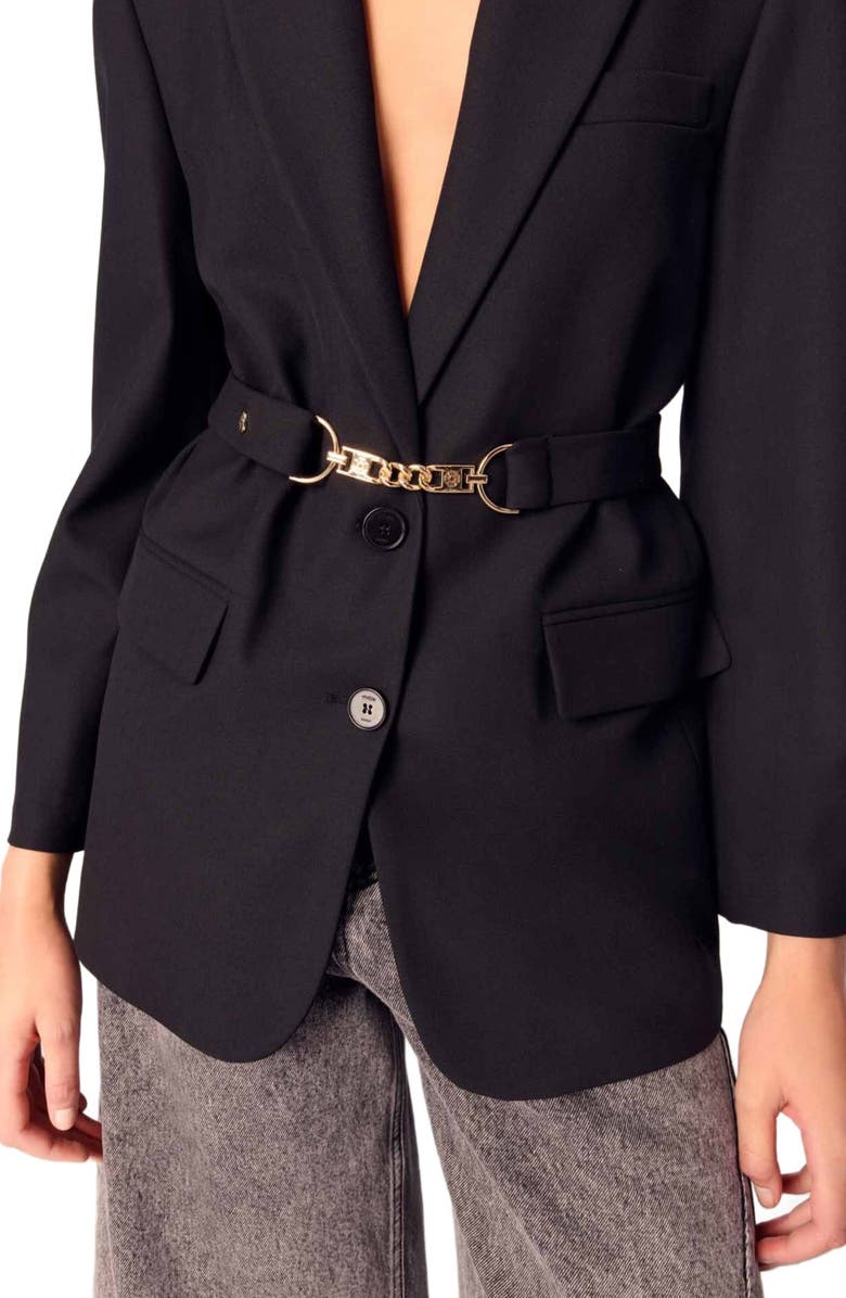 maje Belted suit jacket, Alternate, color, Black