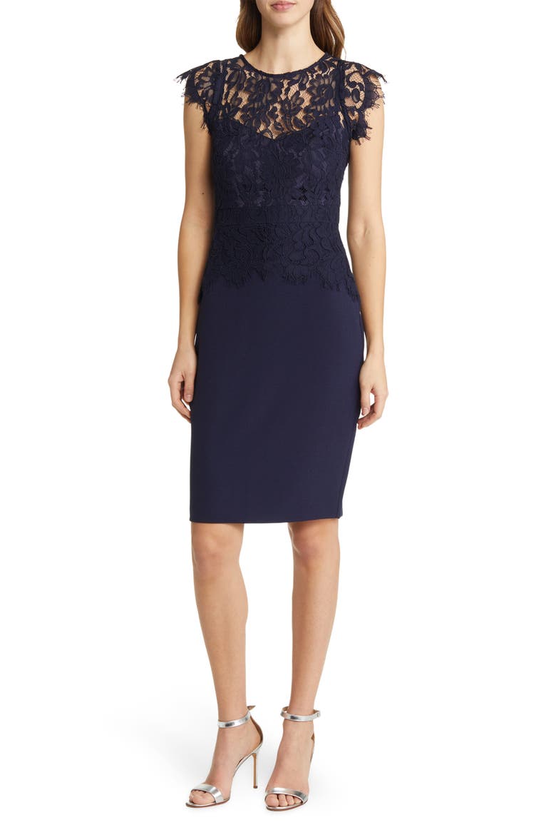 Lace & Stretch Crepe Sheath Dress, Main, color, NAVY