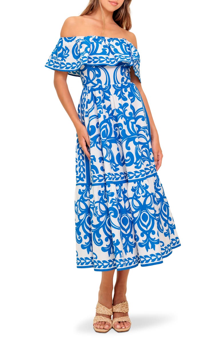 FLYING TOMATO Filigree Off the Shoulder Midi Dress, Main, color, Blue White