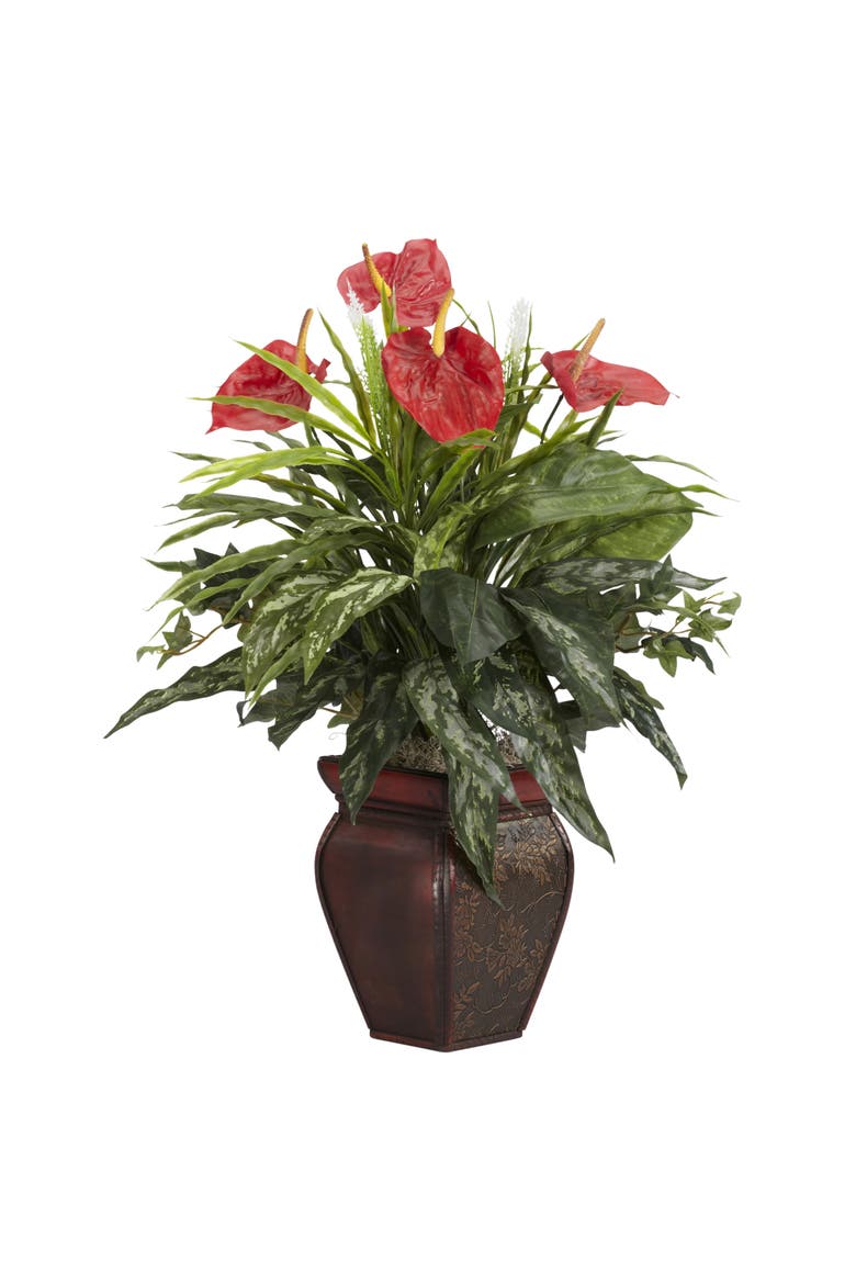 26-in Mixed Greens & Anthurium w/Decorative Vase Artificial Plant, Main, color, Green