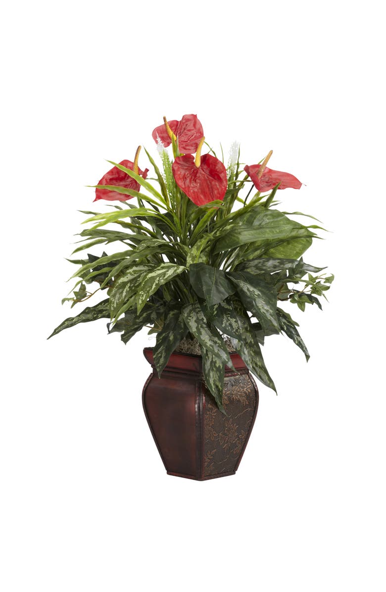 NEARLY NATURAL 26-in Mixed Greens & Anthurium w/Decorative Vase Artificial Plant, Main, color, Green