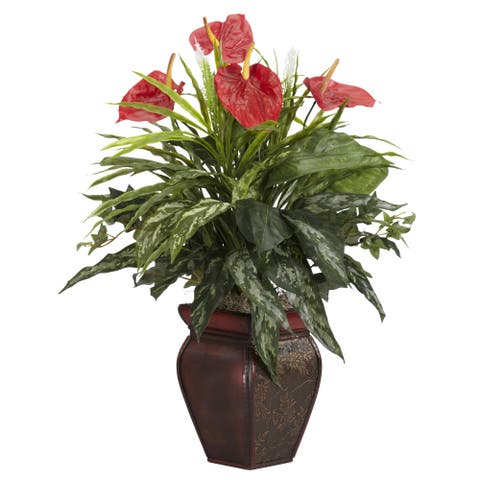 26-in Mixed Greens & Anthurium w/Decorative Vase Artificial Plant