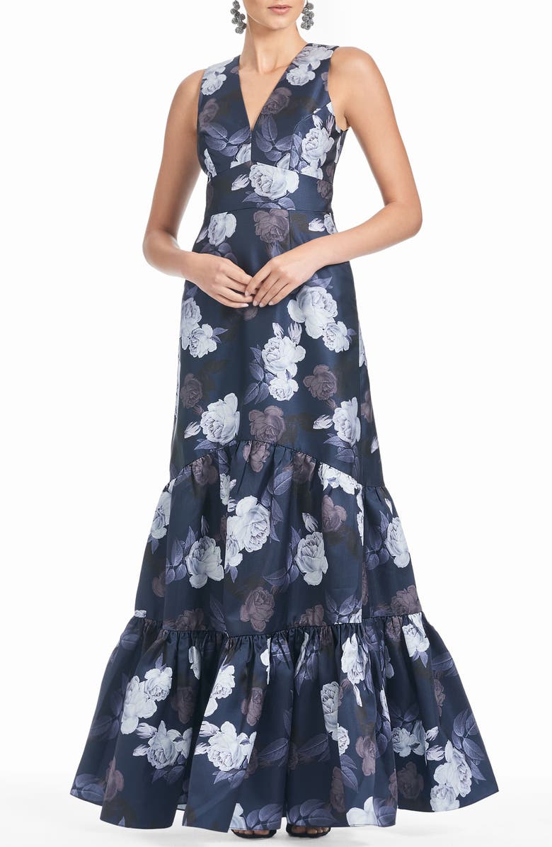 Sachin & Babi Rori Floral Print Ruffle Hem Mikado Gown, Main, color,