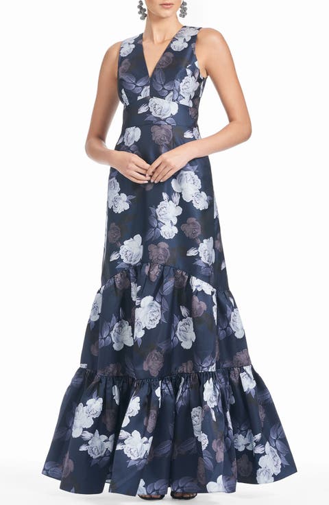 Rori Floral Print Ruffle Hem Mikado Gown