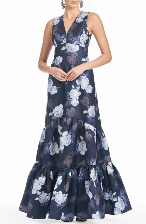 Sachin & Babi Rori Floral Print Ruffle Hem Mikado Gown in Midnight Glacial Rose 