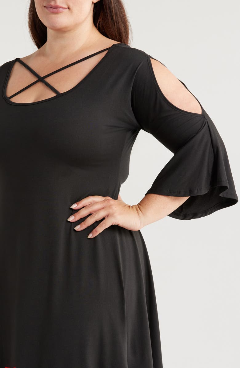 24seven Comfort Apparel Crisscross Scoop Neck Cold Shoulder Dress, Alternate, color, Black