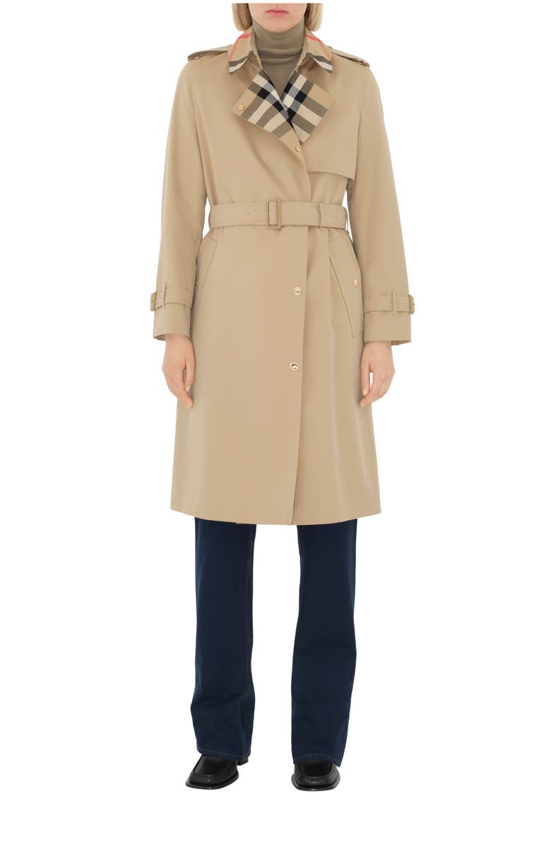 Burberry Long Check Collar Gabardine Trench Coat, Main, color, Honey
