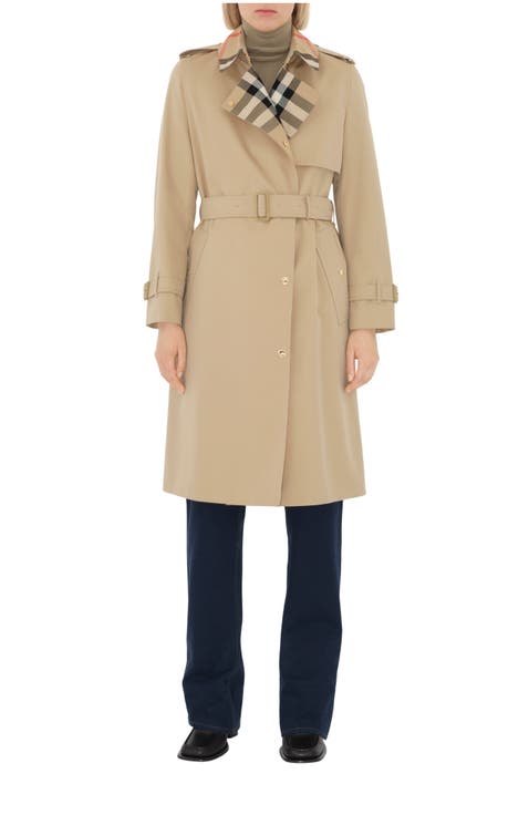 Long Check Collar Gabardine Trench Coat