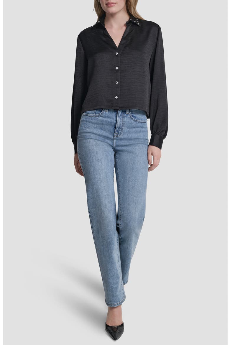 Grommet Collar Button-Up Shirt, Alternate, color, BLACK