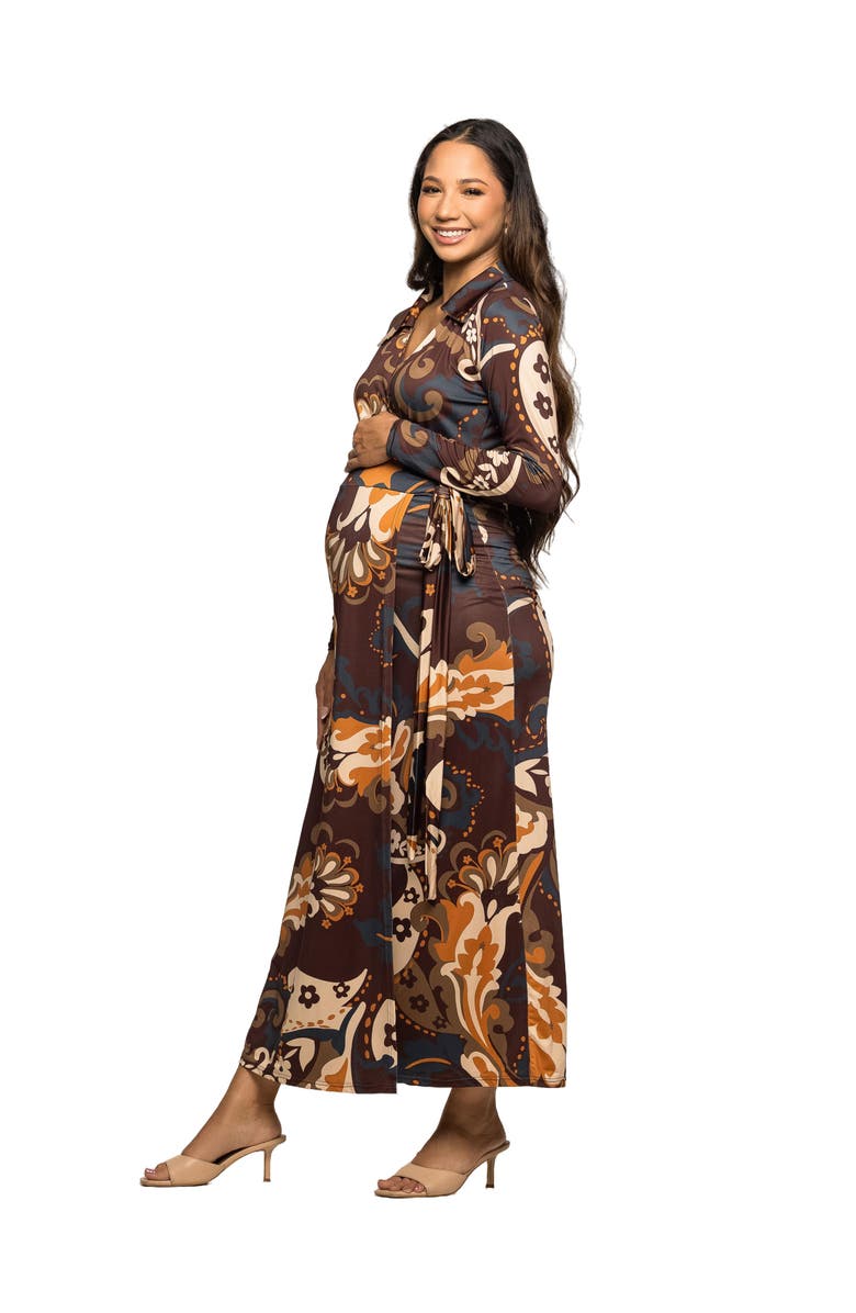 24seven Comfort Apparel Paisley Empire Waist Maxi Dress, Alternate, color, Brown Multi