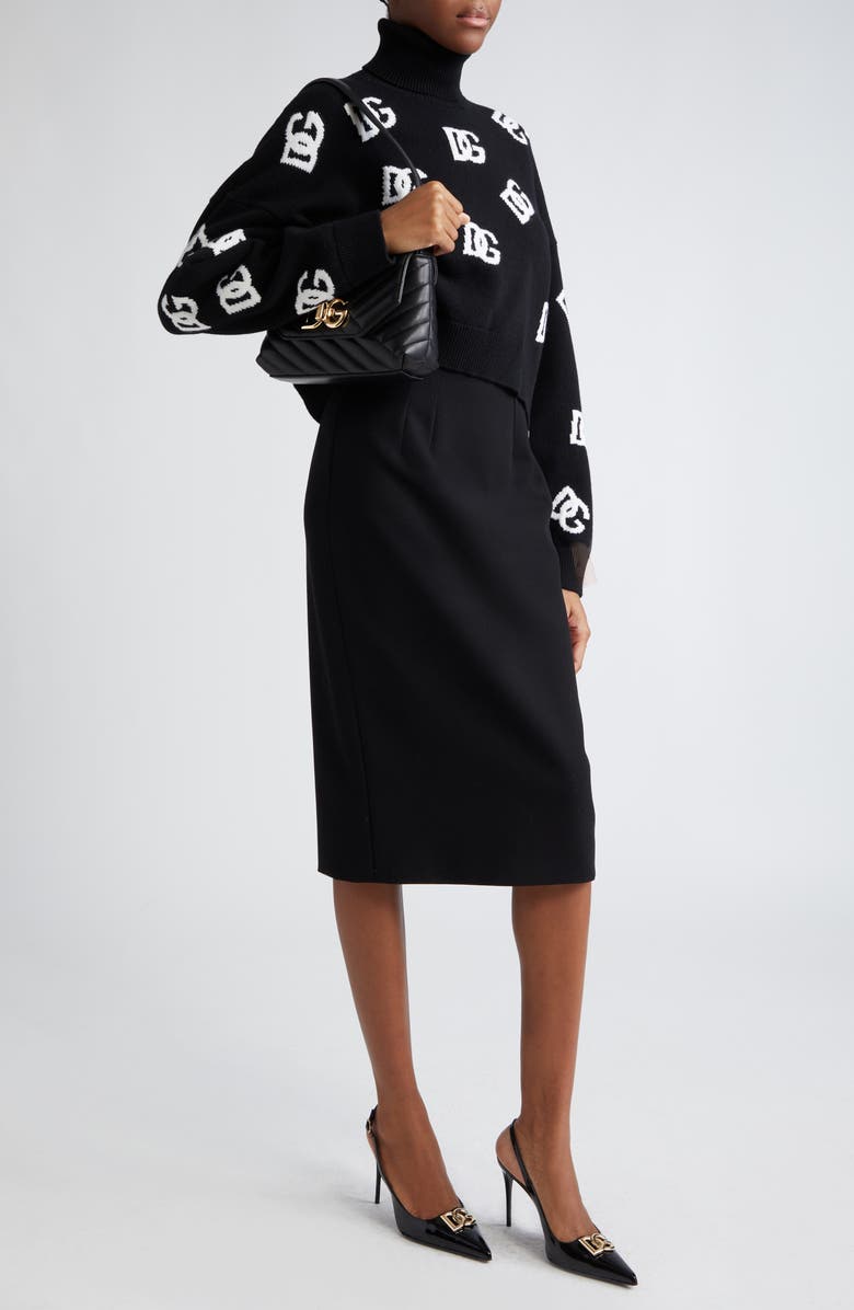 Dolce&Gabbana Logo Intarsia Crop Virgin Wool Turtleneck Sweater, Alternate, color, Nero/ Bianco