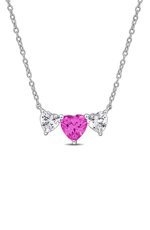 Sterling Silver Lab Grown Pink & White Sapphire Heart Pendant Necklace