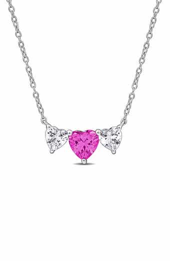 Sterling Silver Lab Grown Pink & White Sapphire Heart Pendant Necklace