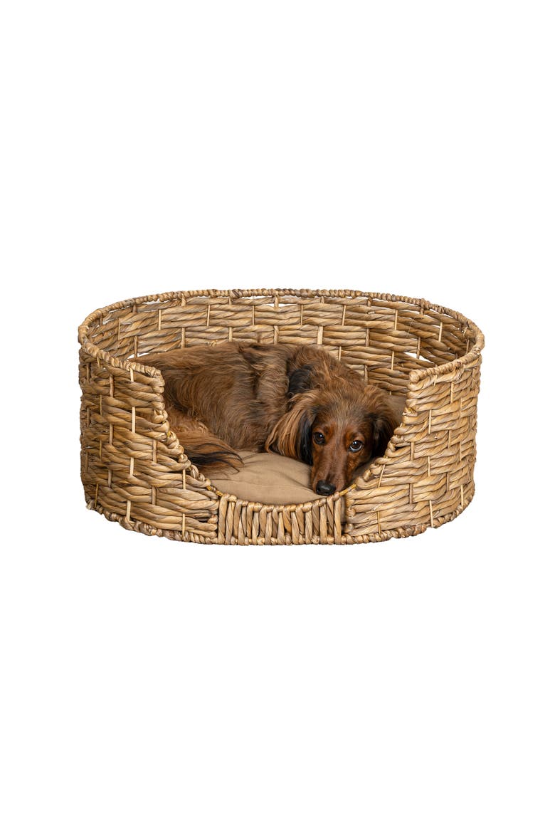 Perri 24" x 18" Classic Farmhouse Handwoven Hyacinth Oval Pet Bed, Machine-Washable Cushion, Alternate, color, Natural
