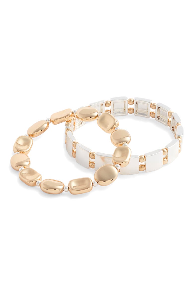 Set of 2 Two-Tone Beaded Stretch Bracelets, Main, color, GOLD- SILVER