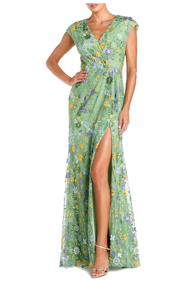 Mac Duggal Faux Wrap Embroidered Cap Sleeve Gown, Main, color, Sage