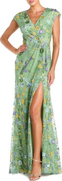 Mac Duggal Faux Wrap Embroidered Cap Sleeve Gown