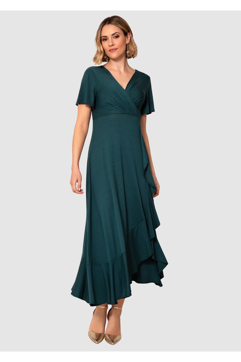Petite Waterfall Ruffle Wrap Midi Dress, Main, color, Pine Green