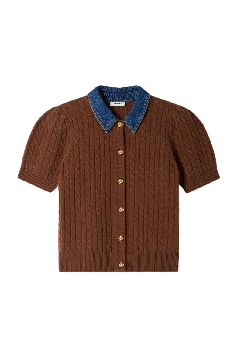 Cardigan with detachable denim collar, Alternate, color, Brown
