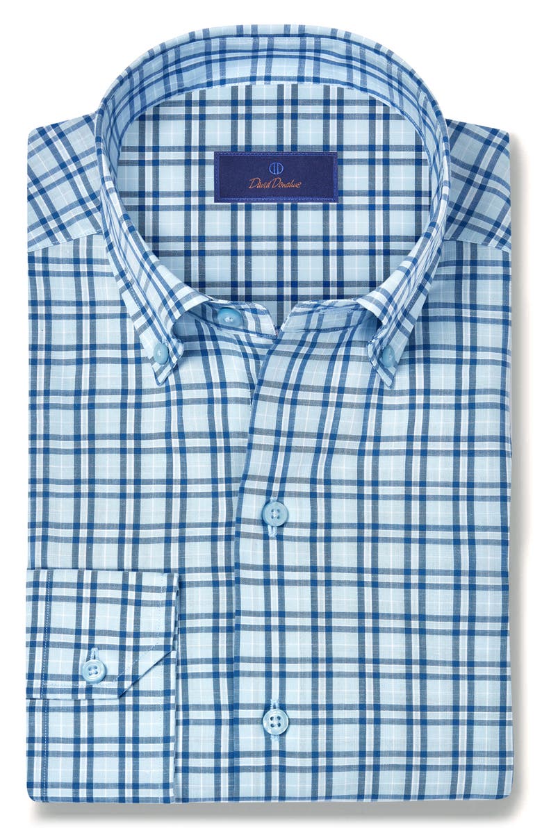 David Donahue Check Slub Sport Shirt, Main, color, Sky/ Navy