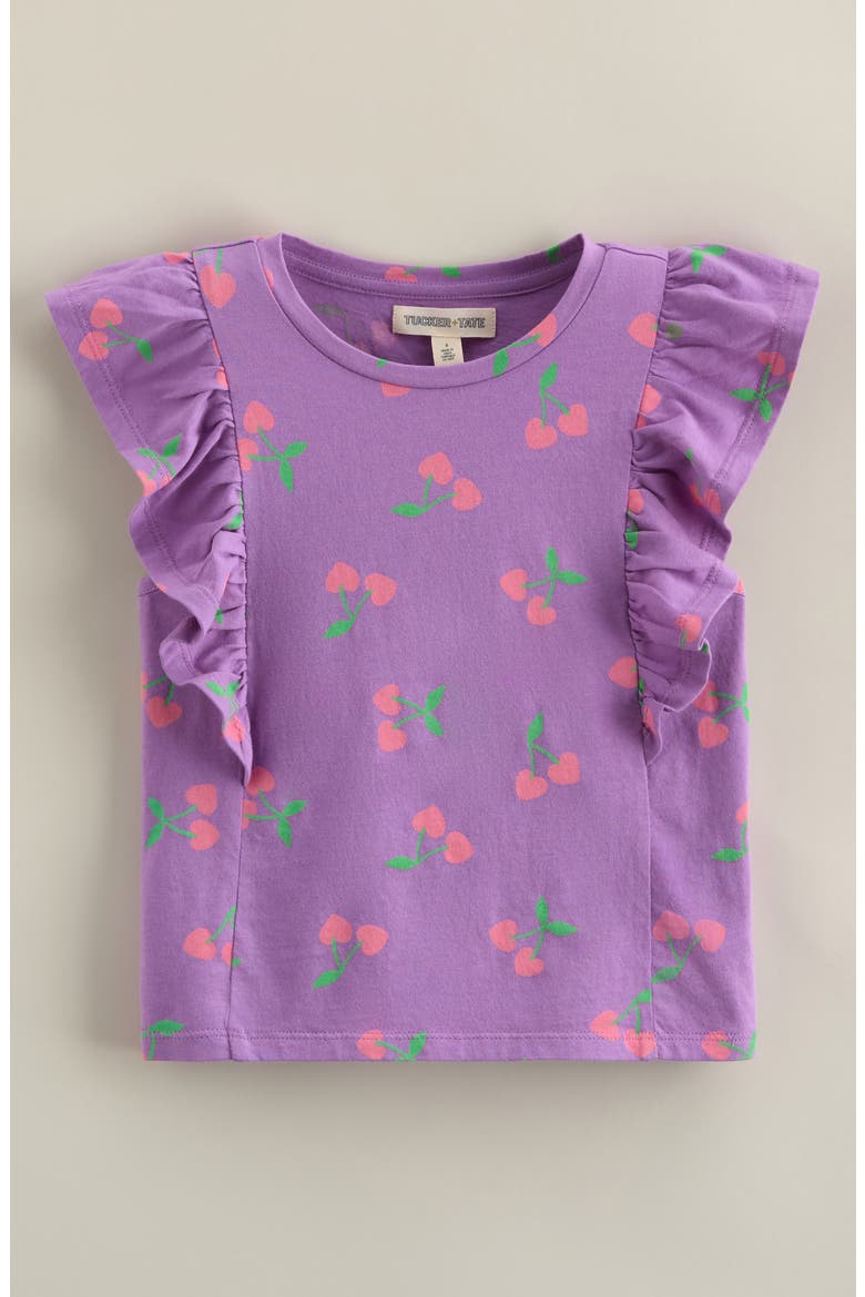 Kids' Ruffle Cotton T-Shirt, Main, color, PURPLE FOXGLOVE CHERRY HEARTS