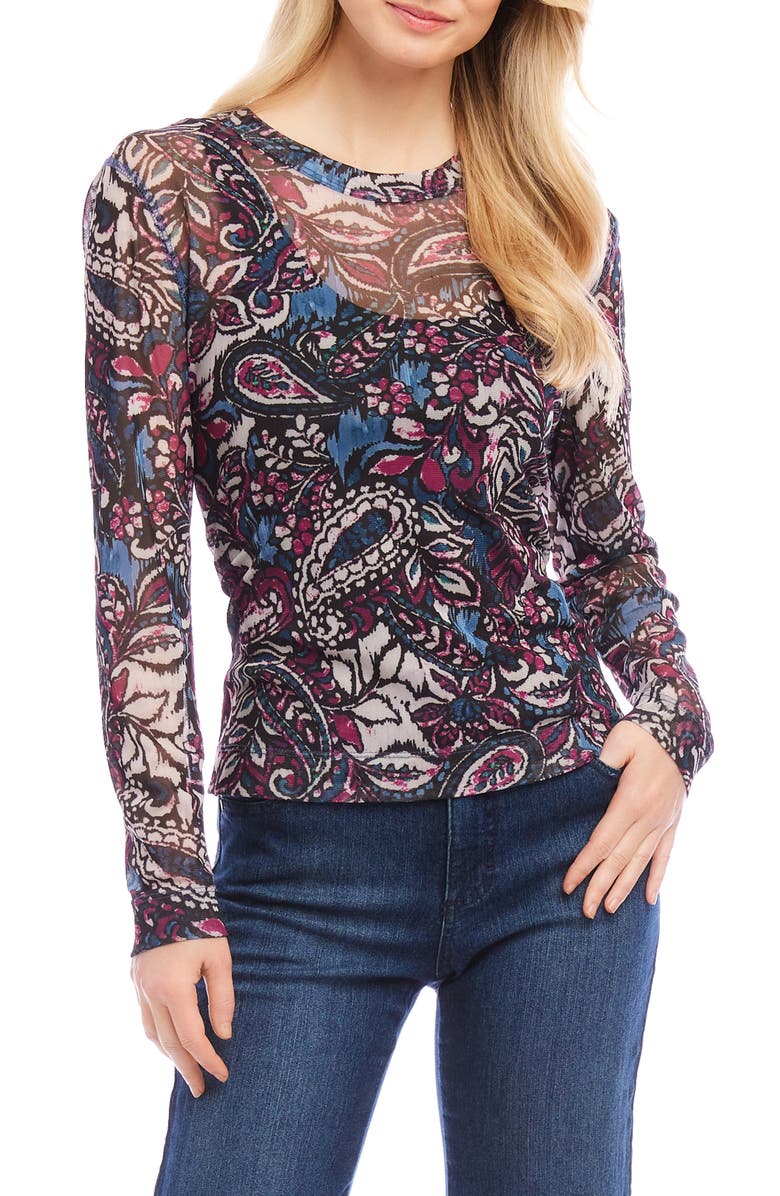 Karen Kane Paisley Print Long Sleeve Mesh Top, Main, color, 