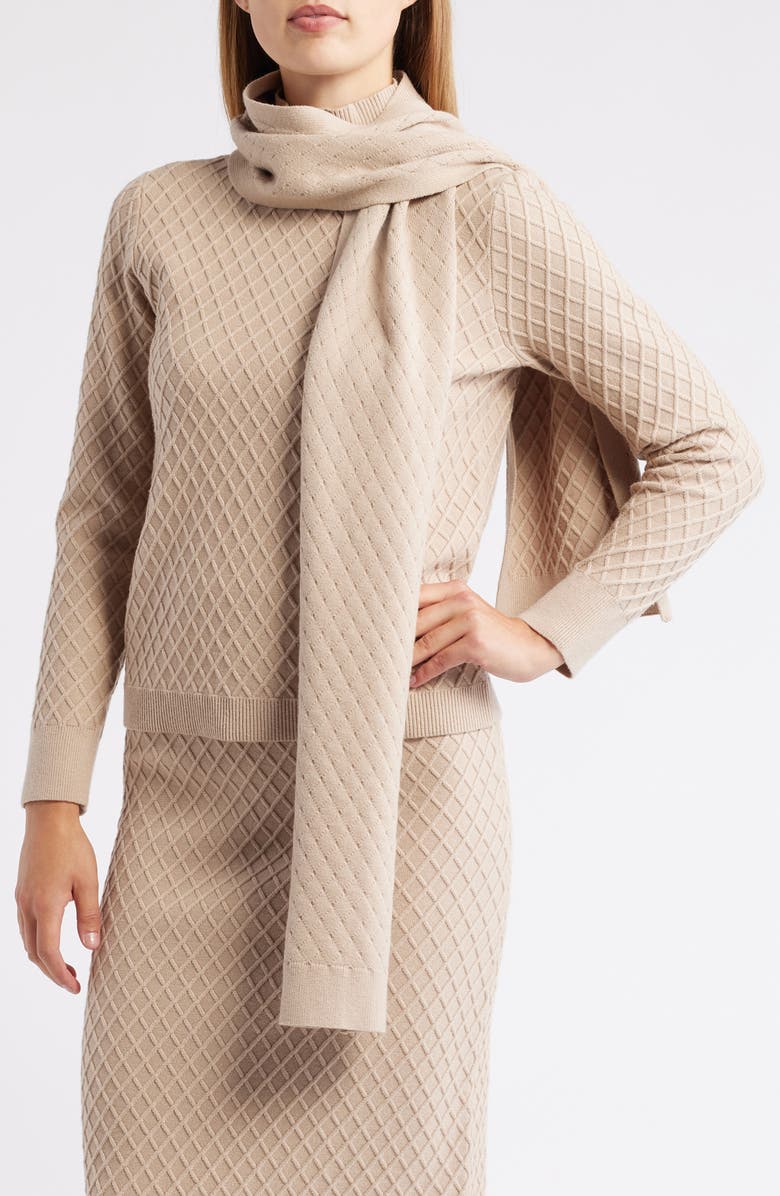Anne Klein Diamond Stitch Scarf Mock Neck Sweater, Main, color, Latte