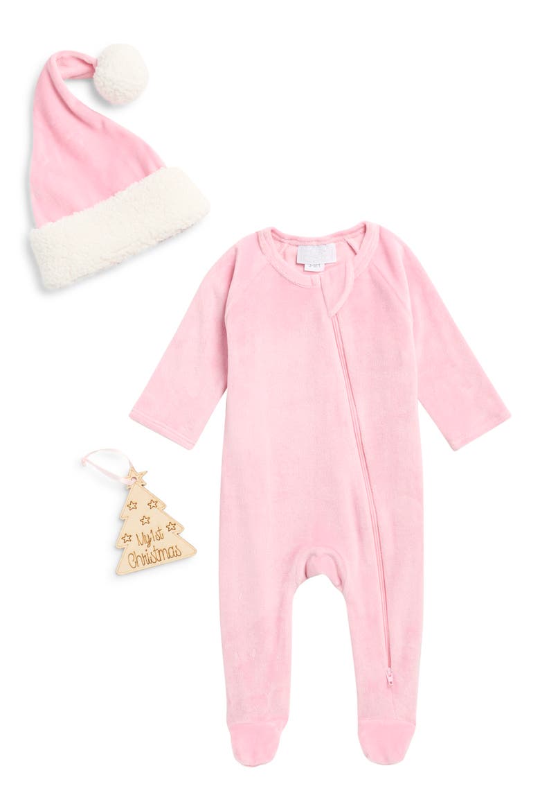 Stretch Velvet Footie, Hat & Ornament Set, Main, color, PRECIOUS PINK