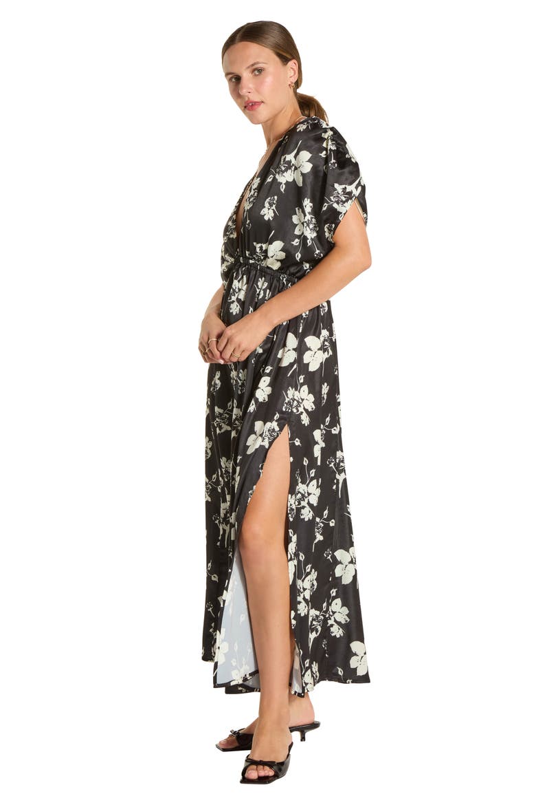 Puff Sleeve Drop Waist Side Slit Maxi Dress, Alternate, color, BLACK/ CREAM