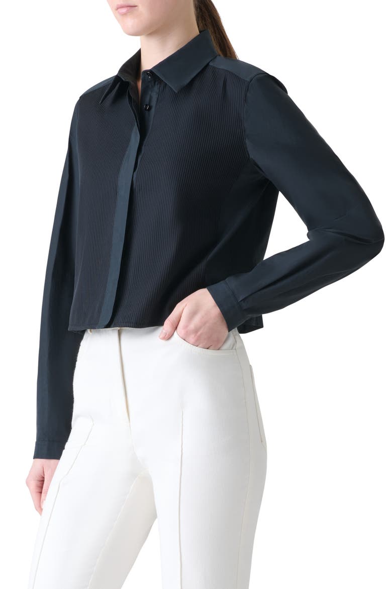 Pleat Front Crop Button-Up Shirt, Alternate, color, BLACK
