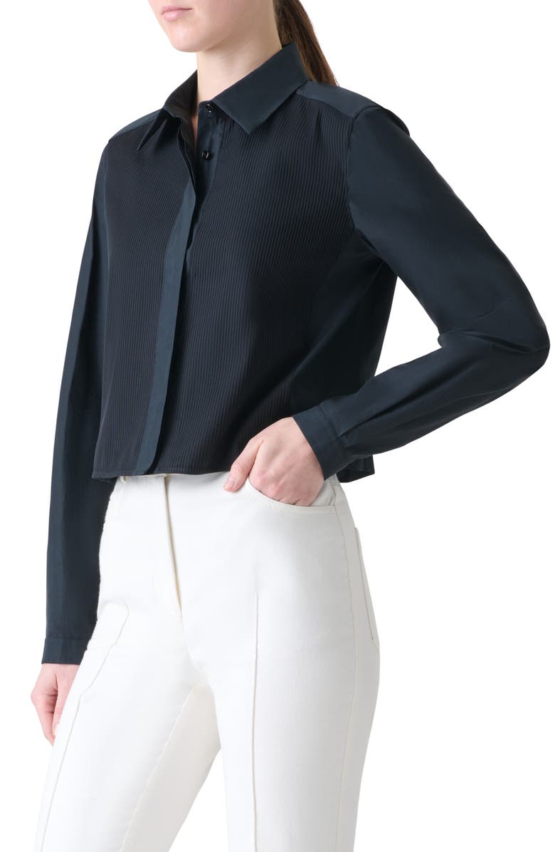 Akris Pleat Front Crop Button-Up Shirt, Alternate, color, Black