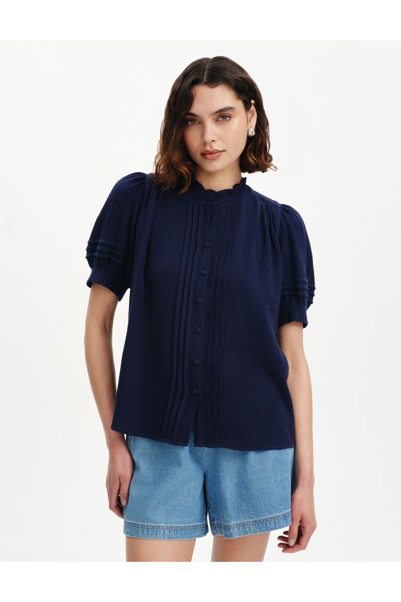 Teagan Cotton Cheesecloth Pintuck Blouse, Main, color, Navy