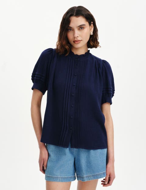 Teagan Cotton Cheesecloth Pintuck Blouse