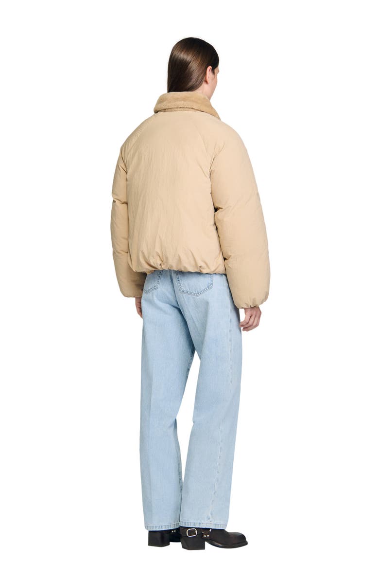 SANDRO Puffer jacket with faux shearling collar, Alternate, color, Beige