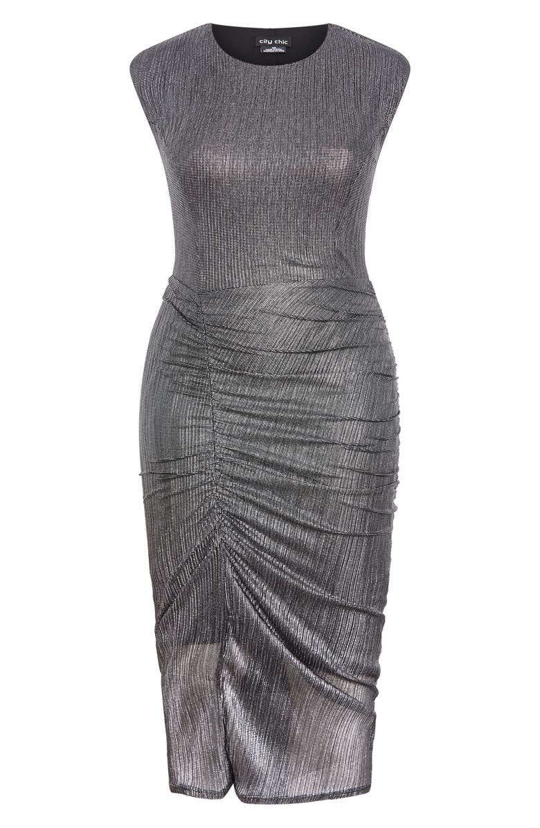 City Chic Starlit Cap Sleeve Ruched Body-Con Dress, Alternate, color, Gunmetal